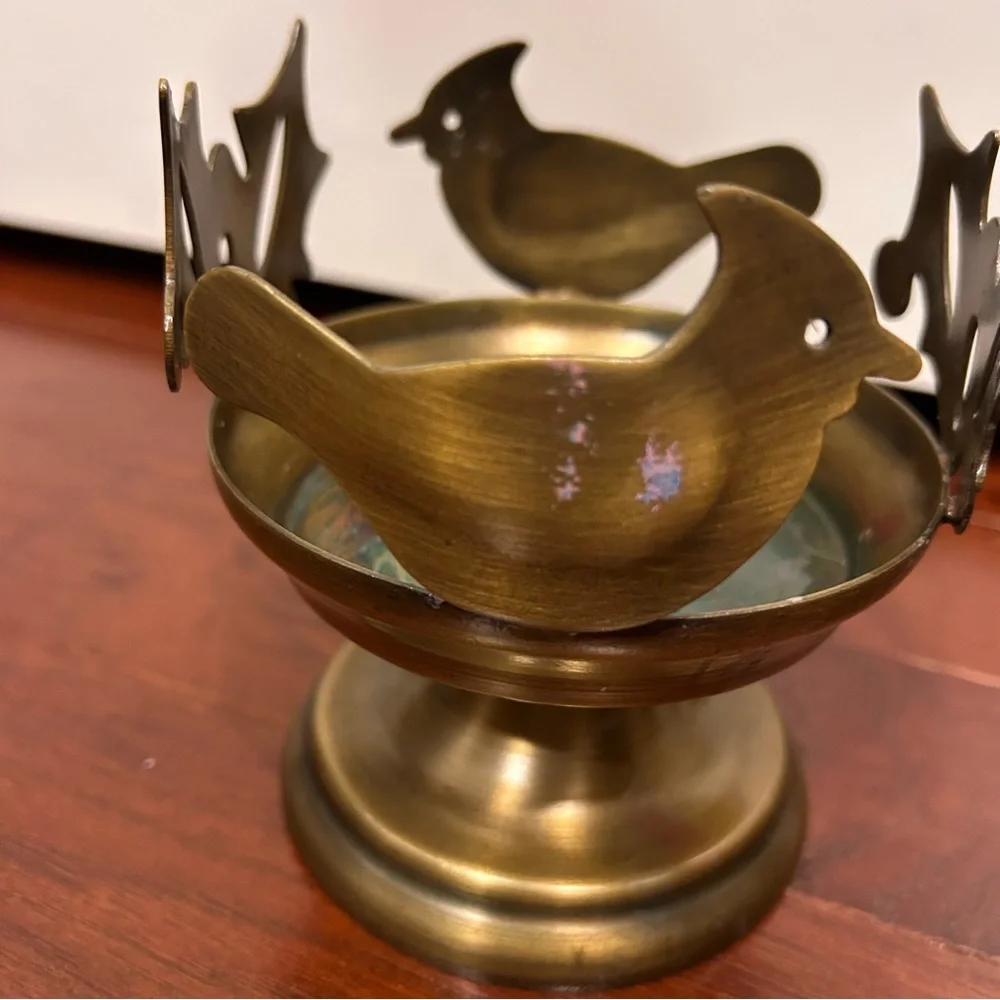 Vintage Brass Birds Flower Pedestal Decorative Tray Candle Holder Cutout Rim